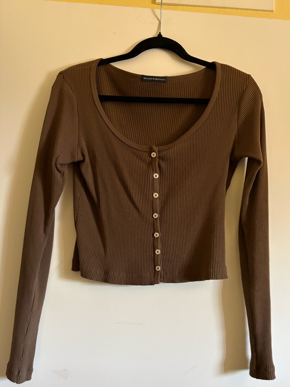 Brandy Melville Brown Ribbed Button-Front Long Sleeve Tee